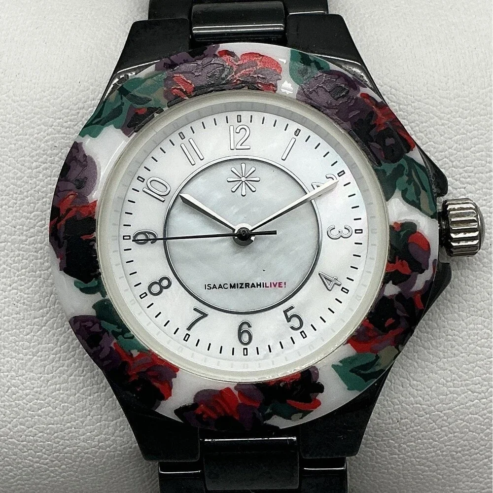 Isaac Mizrahi Live Womens Watch 35mm Floral Bezel MOP Black New Battery 6.5